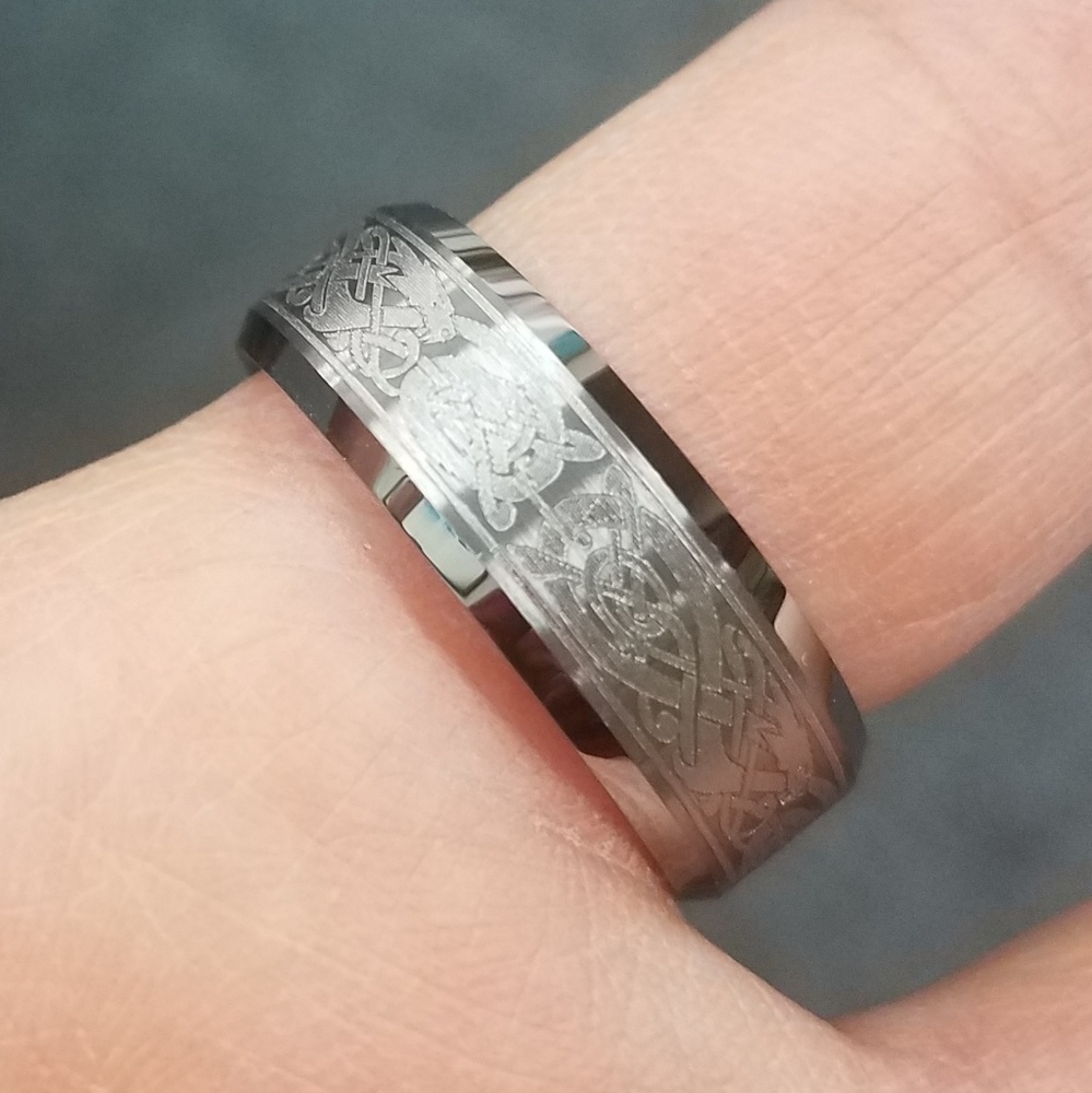 8mm Flat Celtic Dragon men's Tungsten Band Ring - Picture 3 of 6